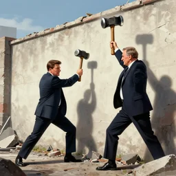 Ronald Reagan and Mikhail Gorbachev destroying a large wall using hammers, digital art, trending on artstation, highly detailed