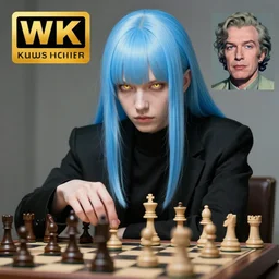a pale ilya kuvshinov playing chess, with golden eyes, straight sky blue hair, long bangs, black jacket, high collar, concept art, award winning photography, digital painting, cinematic, by wlop, anime key visual, wlop, 8 k, by ross tran, tom bagshaw, andy warhol