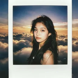 a polaroid portrait of a beautiful young woman, detailed clouds, lit from behind, gold light, heavy film grain, color bleed