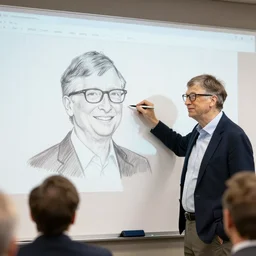 Bill gates drawing a pene stilizzato on a whiteboard during a conference meeting 4k microsoft office presentation.