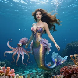 mermaid, underwater, a stunning beautiful giorgia - era dress with brown long hair, abundant detail, octopuses and flowers