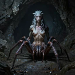 female drider with a half human half spider body sitting in a dark cave, ultra detailed, monster, half human half spider, human torso, spider abdomen, creature design, dnd, d & d, concept art, octane render, 8 k, moody lighting, muted colors, blue tone light, dramatic lighting, realistic, john singer sargent, matte painting