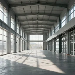color photograph of the interior of an empty modern and clean factory, large windows on the sides,