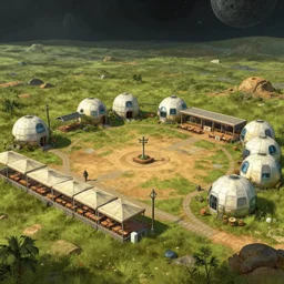a open plaza area with a restaurant at the side, in the middle of a small outpost of only a few buildings, that are made from modular capsules, on an alien grassland, on an alien planet, from a space themed point and click 2 d graphic adventure game, set design inspired by hg giger and ridley scott and tomb raider, art inspired by thomas kinkade