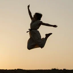 cinematic still of silhouette of woman in Biblical clothing jumping for joy, beautiful middle eastern landscape with sunrise behind, Biblical epic movie directed by Steven Spielberg