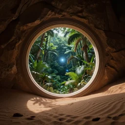 a luminous circular stargate in the desert through which a lush jungle is visible
