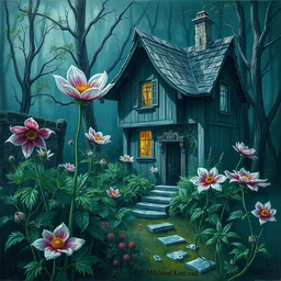 acrylic painting of a house garden of anemone flower, by michal karcz, texture, horror themed