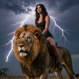 girl riding a lion, extremely detailed, high quality, 4 k, cinematic, dramatic lightning, photo realistic,
