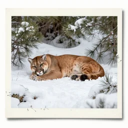 damaged postcard of 'a cougar sleeping in the middle of snowy pine tree' laying on coffee table, zoomed out shot
