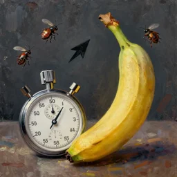 oil painting impressionist stopwatch and banana in the shape of an arrow flying through the air, ( bugs buzzing around ), whimsical, detailed,