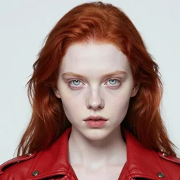 head and shoulders photo of a young girl in a red leather jacket, pale skin, piercing pale eyes, red hair, vibrant color, high detail, masterpiece by craig mullins, ruan jia, peter mohrbacher, caravaggio