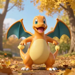 real life charizard pokemon, cute!!!, adorable!!!, playful!!!, happy!!!, cheeky!!!, mischievous!!!, ultra realistic!!!, autumn, clear weather, golden hour, sharp focus