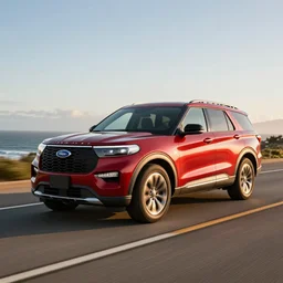 A red SUV inspired by a 2022 Ford Explorer and 2022 Chevrolet Tahoe, driving along Pacific Coast Highway, golden hour, auto photography, action shot