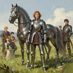 portrait of one full body girl medieval armor and one metal horse landscape of meadow poses by gaston bussiere, anna nikonova aka newmilky, greg rutkowski, yoji shinkawa, yoshitaka amano, tsutomu niehi, moebius, donato giancola, geoffroy thoorens, concept art, trending on artstation, featured on pixiv, cinematic composition, 8 k