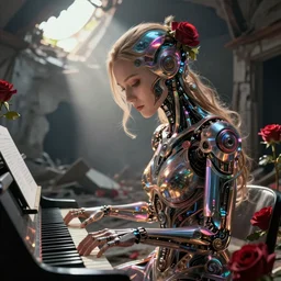 photo of woman playing piano in ruins, cyberpunk cyborg. roses, sci - fi, intricate abstract upper body intricate artwork, by tooth wu, wlop, beeple, dan mumford. concept art, octane render, deviantart, greg rutkowski, cinematic arthouse, key art, hyper realism, iridescent accents