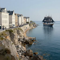 a coastal city perched on a cliff overlooking a magnificent bay. Its main street is lined with tall and graceful buildings that are mostly constructed from white brick or stone, giving them a dignified look. a massive sailing ship with black sails on the water. rugged rocks in foreground, water, calm waves, rocky seashore, ocean, calm weather, shoreline, wooden dock Fantasy digital painting by Greg Rutkowski
