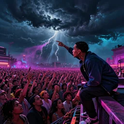 rapper leaning over huge crowd reaching up to him, ominous storm, digital art, vapor wave, hip hop, psychedelic, trending on Artstation, professional artist, detailed, 4k