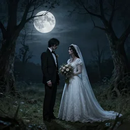 folk horror art style depiction of a wedding. eerie. night full moon. detailed