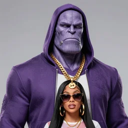 thanos wearing designer hoodie as doja cat as cardi b wearing gold chain and sunglasses and gold hoop earrings by greg rutkowski by artgem trending on artstation hero concept art