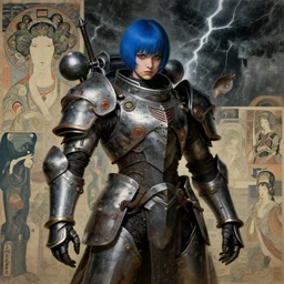 composition of gothic and futuristic young mainem, warhammer, cyber japan armor, more and more scars, thunderstorm, blue head, the middle ages, highly detailed, artstation, in the style of moebius, jugendstil and classic japanese print, art by max ernst and rene magritte