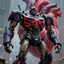 movie still frame, giant armored robot with black armor lined with red leds in epic pose, a giant veiny heart in the background, beautiful composition, 8 k, cgi, by ridley scott, zack snyder and michael bay