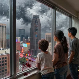 macro photograph impoverished migrants gazing out through a large skyscraper window covered in blood below severe weather storms, Los Angeles, detailed ambient lighting, hyper realistic, vibrant colors, cinematic, Fantasy art style, digital art painting by Neil Blevins, cinematic, 35mm grain filter, artstation