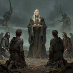 the last survivors on earth kneel before a false prophet in the year 5 0 0 0, somber, hopeful, concept art, most popular of all time on artstation, by ted nasmith, wayne barlowe, ralph horsley
