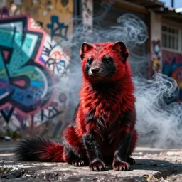 photo ( far _ shot ), subject [ furry _ fandom _ fursona ( red - and - black, weasel - ferret - stoat, smoke - background ) ], medium [ graffiti ( spray - paint ), favela - wall ]