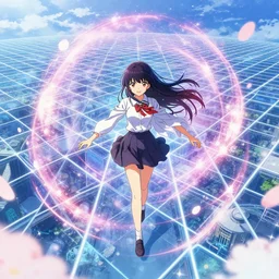 1 anime girl by davinci trying to escape a vast technological grid, bloom effect, pixiv contest winner, scenic hi - tech atmosphere
