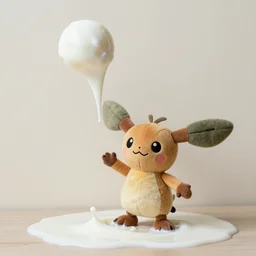 a small plush toy of meowth from pokemon being douced in milk and thrown against a wall