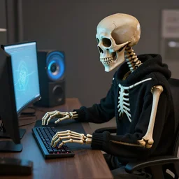 a skeleton wearing a black sweater playing on his pc, digital art, trending on artstation, nicely detailed, 8k