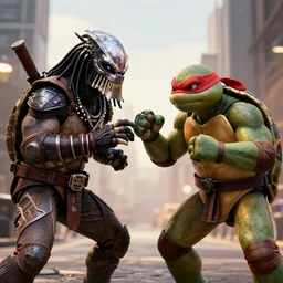 the predator from the movie series fighting the ninja turtles