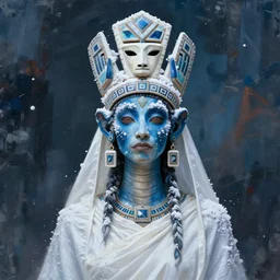 portrait lemurian priestess with long neck and hands geometric headdress and mask, winter snow ice frost blue skin, white cloth mantia, concept art, abstract background, by boris vallejo, deak ferrand, and greg rutkowski and rhads