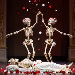 two female skeletons dancing on stage, over Marie Antoinette corpse, while it rains flowers, red and white flowers, bold colors, Baroque