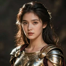 close - up portrait of beautiful young woman dressed gladiator with metallic armor, art by the fifth element, ex machina