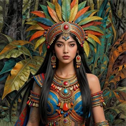 a beautiful girl aztec forest princess in intricate detailed color blue, gold, orange red shaman costume, 3 d render, hyper realistic detailed portrait, big flocking color leaves, ornate leaves headpiece, elegant, intense colors and ink pen, ruan jia, by moebius, fantasy, hyper detailed, octane render, concept art, by mohrbacher, mucha
