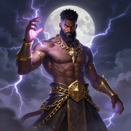a highly detailed illustration of bearded short haired fade african god of lightning, wearing gold chains on neck and arms, evil summoning lightning pose, moonlit clouds background, muscular, intricate, elegant, highly detailed, centered, digital painting, artstation, concept art, smooth, sharp focus, league of legends concept art, WLOP