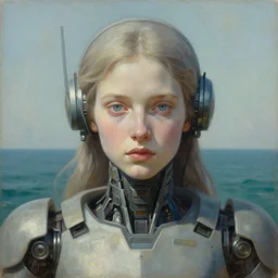 desaturated holy young female battle robot award winning closeup portrait bust symmetry faded tetrachromacy colors sea background tim hildebrandt wayne barlowe bruce pennington donato giancola larry elmore masterpiece trending on artstation cinematic composition beautiful lighting hyper detailed!!! 8 k oil on canvas