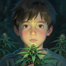kid with green ultramarine nefrit flowers of marijuana hemp cannabis, behance hd by jesper ejsing, by rhads, makoto shinkai and lois van baarle, ilya kuvshinov, rossdraws global illumination, golden ratio, symmetrical beauty face