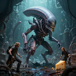 by chet zar and alexander jansson, visually stunning, cinematic, ultra realistic, hyper realism, 1 2 k, epic, octane render, unreal engine, vfx, maya, it's form is all wrong : fresh air, scion of the swarm : thallid omnivore, the sewer holds a spooky surprise : undercity scavenger, a little block of cheese : the fluidity of creativity