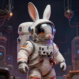 retro futuristic bunny astronaut by rossdraws and greg rutkowski, detailed, midjourney, moody, rich colors
