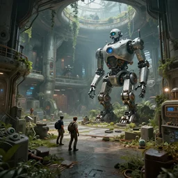 Explorers discover a vast overgrown robotics lab, sci-fi, wide shot, trending on artstation