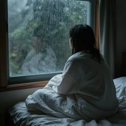 on a rainy day, someone sits in bed, curled up under the covers, looking out the window at the rain falling, cinematic, artstation, extremely detailed, intricate, crepuscular ray