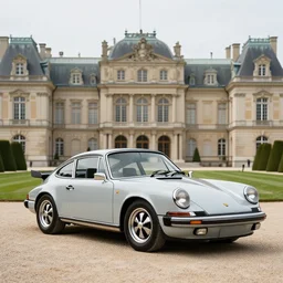 photo of a retro porsche 911 in a beautiful palace