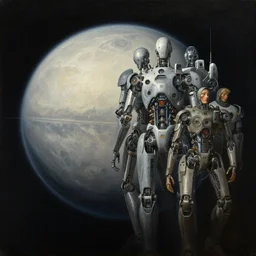cinematic view of a planet from left, futuristic, robotic enhancements, desaturated, tim hildebrandt, wayne barlowe, bruce pennington, donato giancola, larry elmore, oil on canvas, masterpiece, trending on artstation, featured on pixiv, cinematic composition, dramatic, beautiful lighting, sharp, details, hyper - detailed, hd, hdr, 4 k, 8 k