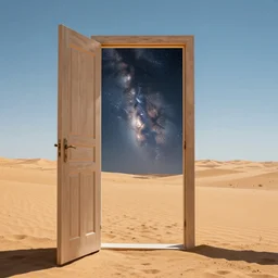 surrealist open doorway with milky way inside, in middle of the desert during sunny day