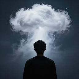 photo still of behind view, dark silhouette of a man, enchanting a storm spell, fluffy hair, 8 k, studio lighting bright ambient lighting key light, 8 5 mm f 1. 8