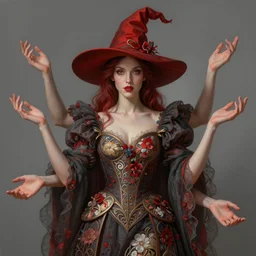 fantasy portrait of the witch with 4 hands, floral dress, intricate detail, photorealistic, elegant, stylish, highly detailed, digital painting, artstation, concept art, smooth, sharp focus, illustration, art by artgerm and greg rutkowski and alphonse mucha, red gray scheme