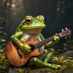 frog playing on guitar, photorealistic