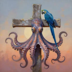painting of cross between giant pacific octopus & blue macaw, intercrossed animal, by zdzislaw beksinski, by tiffany bozic, cold hue's, warm tone gradient background, concept art, beautiful composition, digital painting,